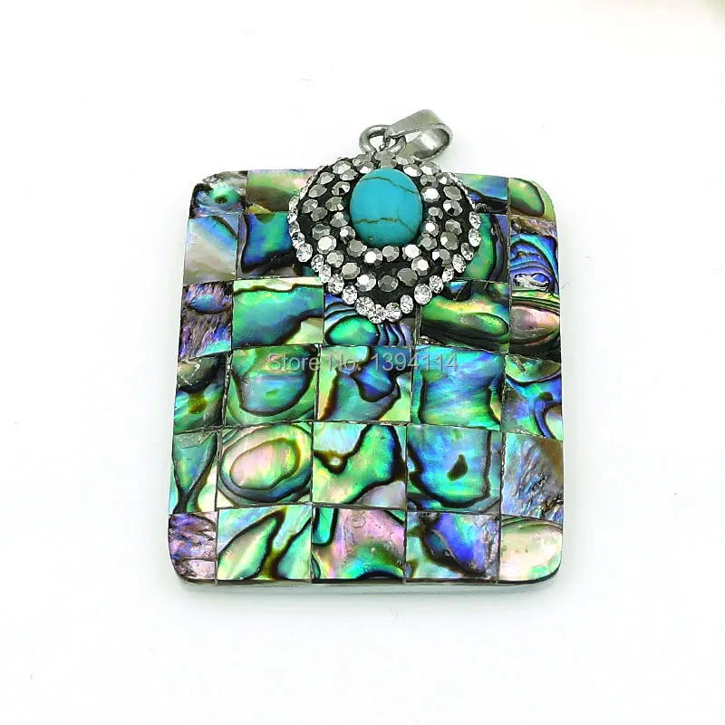 

Abalone Shell Of Square Grids Rectangle Pendant Pave And Paste CZ&Turquoise Platina Plated Approx 40*30mm