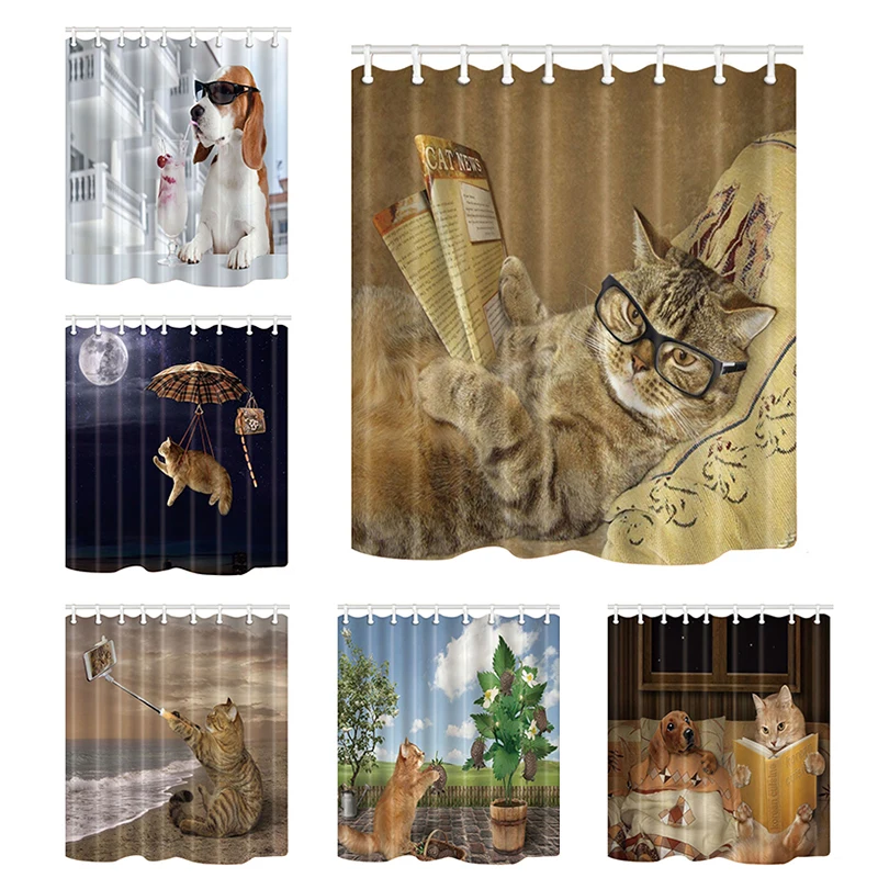 Funny Animals Shower Curtains Cute Cat and Dog Printing Bath Screens