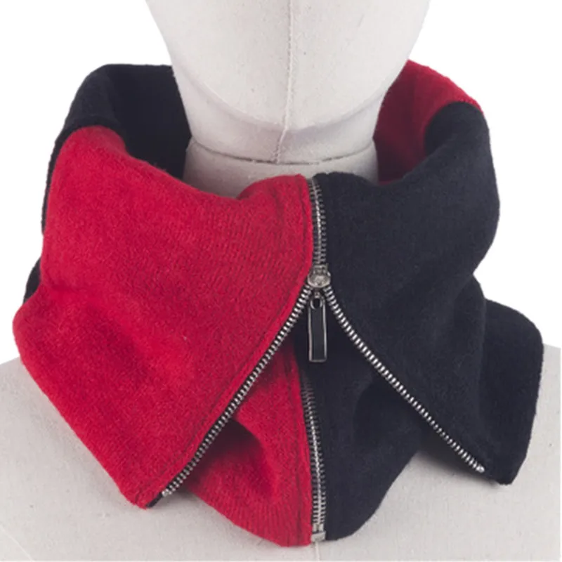 

2019 New Fashion Novelty Zipper Winter Collar Red Black Patchwork Knitted Men's Ring Scarf Women Winter Scarves Male Warm Scarfs