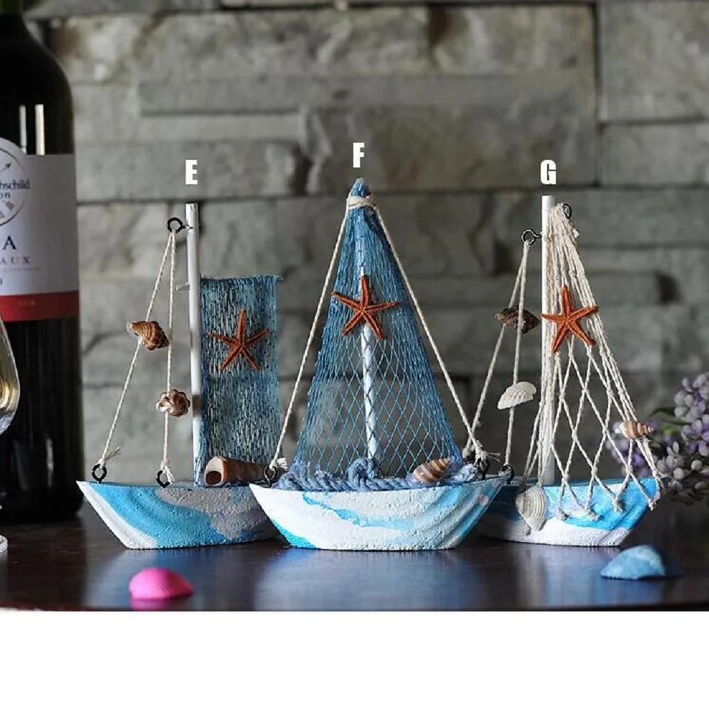 2pcs Home Decorative Wooden Sailboat Model Handmade Vintage Nautical Decor Sailing Boat Decoration Wooden Display Sailboat