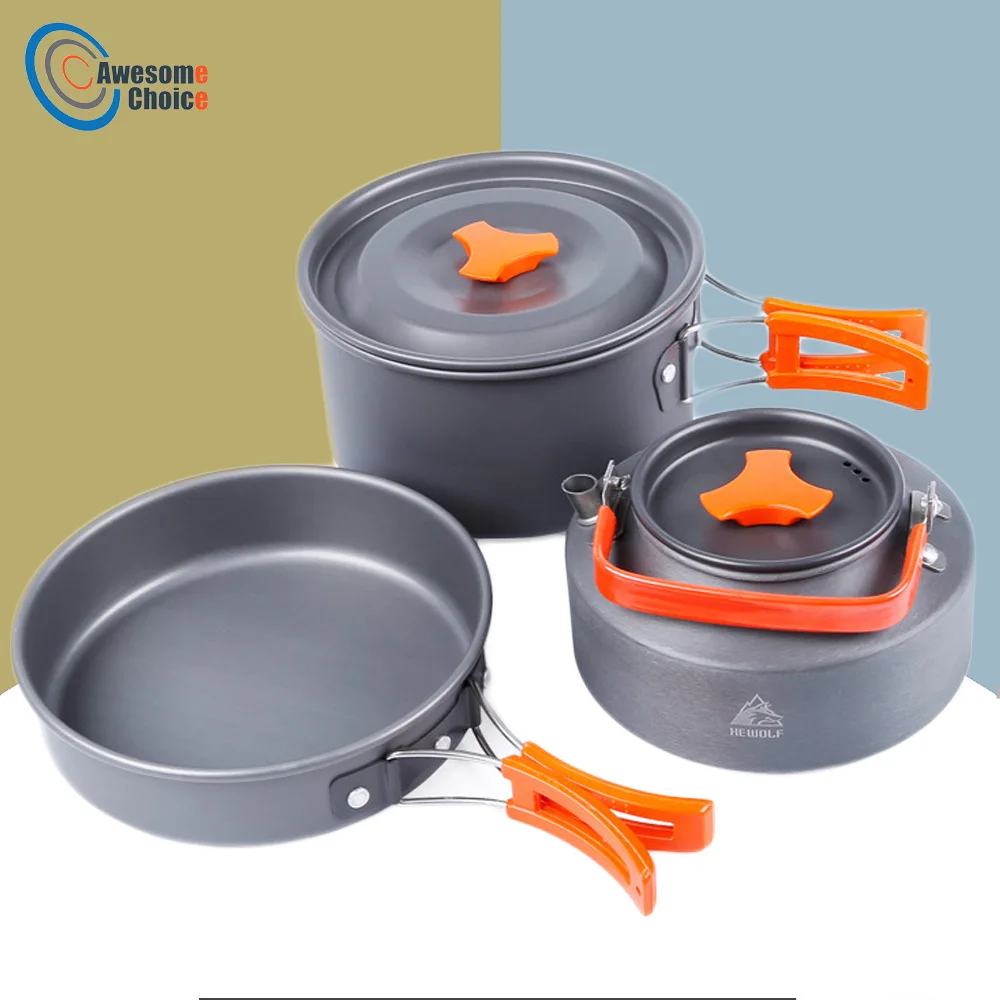 Conjunto de 3 al aire libre pot kettle de utensilios de cocina de aluminio plegable vajilla senderismo picnic camping cocina equipo para picnic