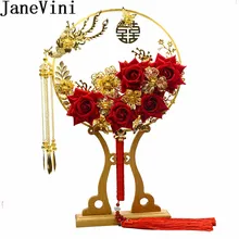 JaneVini уникальный веер типа Wdding букеты Роскошные китайские красные цветы золотой цветочный свадебный ручные вентиляторы кисточка брошь невесты Флорес