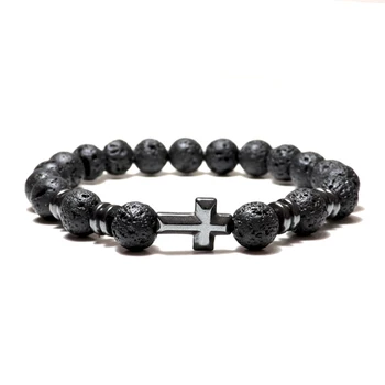 Noter Natural Volcanic Lava Bracelet Femme Homme Black 3 Styles Cross Braslet Yoga Prayer Jewelry Hematite Braclet Bileklik