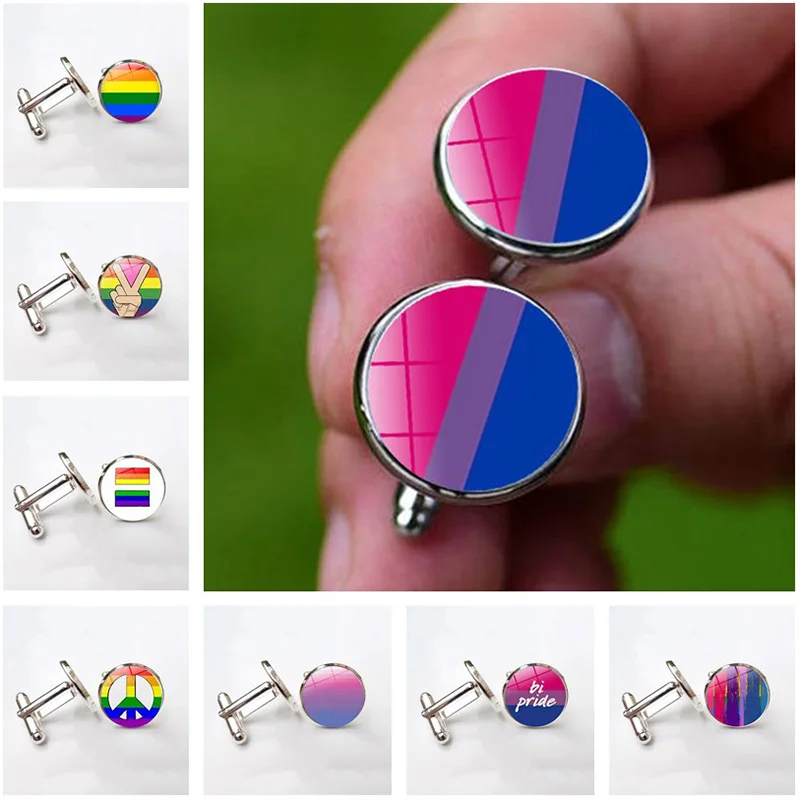 

Colorful Rainbow Gay Pride Shirt Cufflinks LGBT Glass Cabochon Gay Jewelry Silver Classic Cufflinks for Mens Lesbian