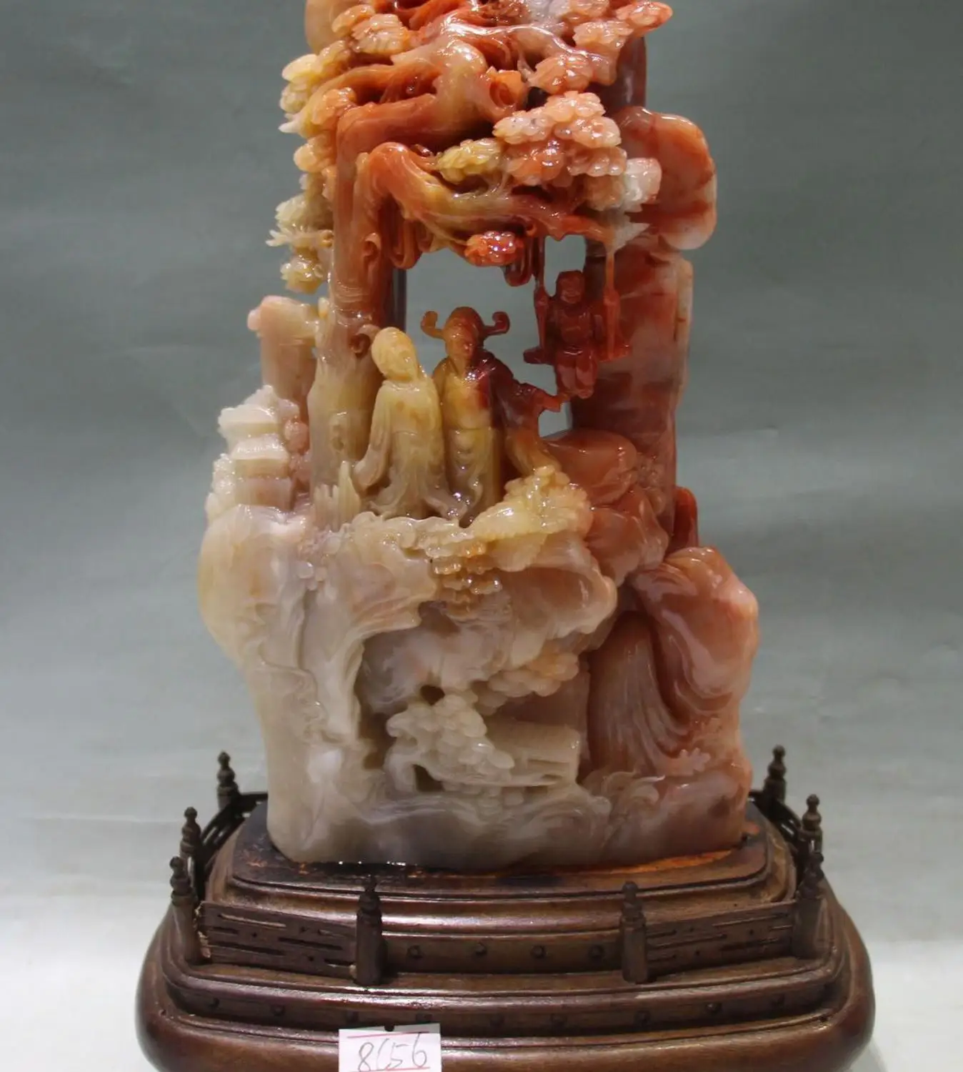 

10" Chinese Natural Shou Shan Stone Two Old Man Rhymist Poet Kid Boy Tree Statue