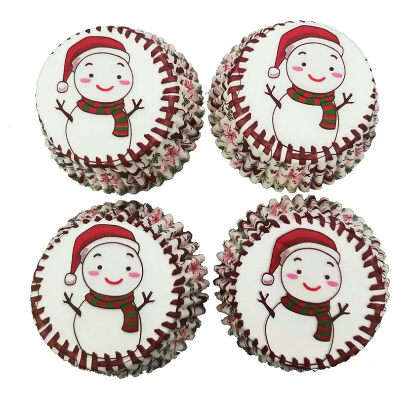 100 шт./лот, Merry Christma, маслостойкая чашка для торта, высокая термостойкость, Рождественский торт-снеговик, чашка для кексов