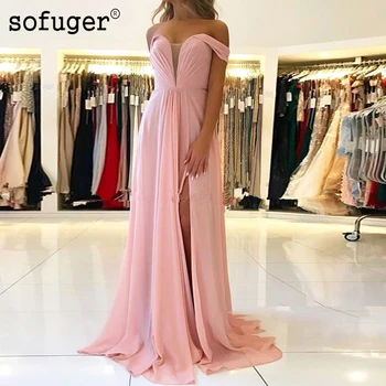 

Pink Prom Dresses Off the Shoulder Sexy Deep V Neck Lace up High Slit Formal Evening Gown Special Event Dresses