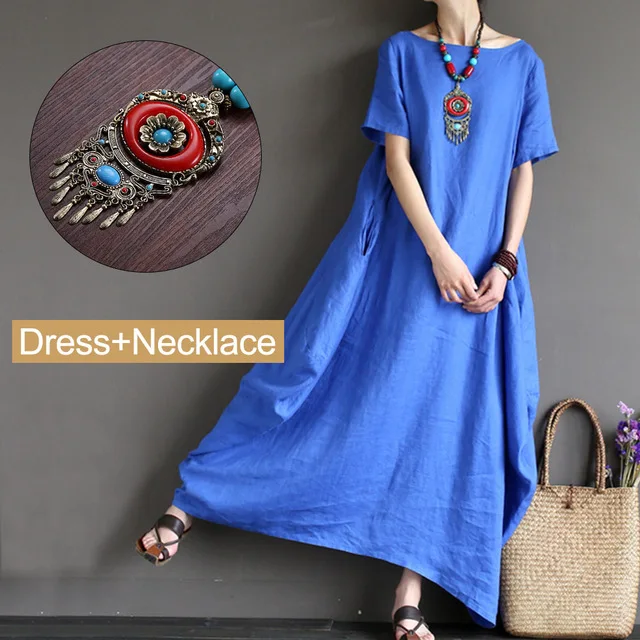 Винтажное хлопковое льняное платье макси, женское однотонное платье с круглым вырезом и длинным рукавом большого размера плюс, женское осеннее платье Vestidos Sukienki - Цвет: Blue and Necklace