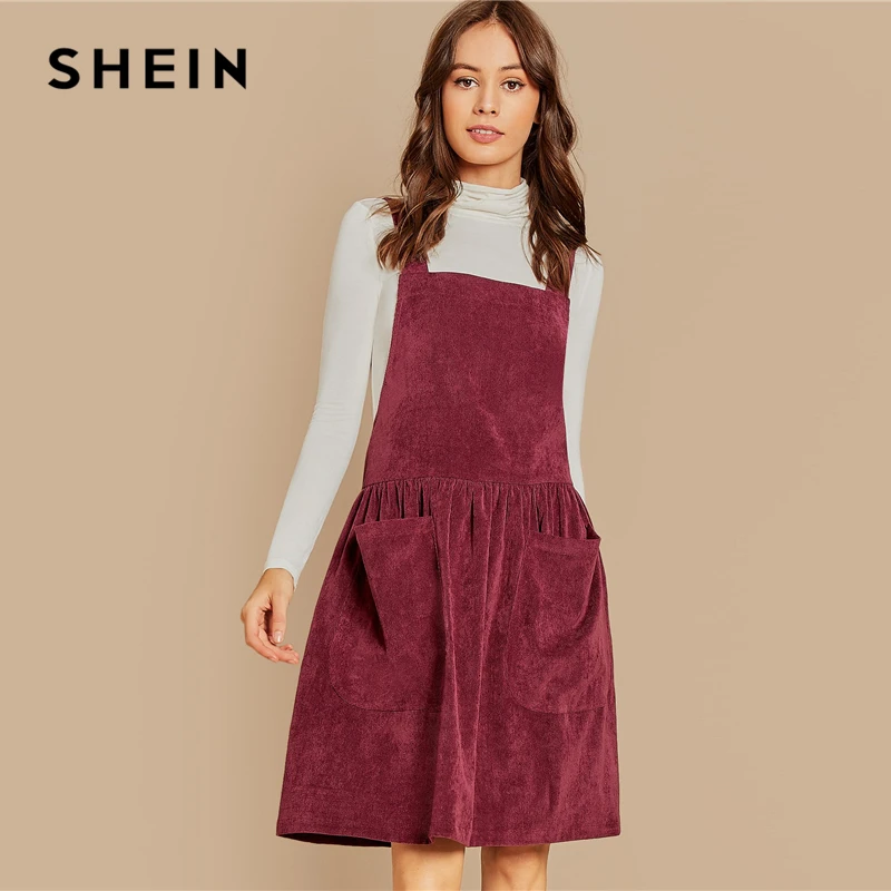 SHEIN Burgundy Pocket Front Cord Pinafore Dress Sleeveless Plain Strap