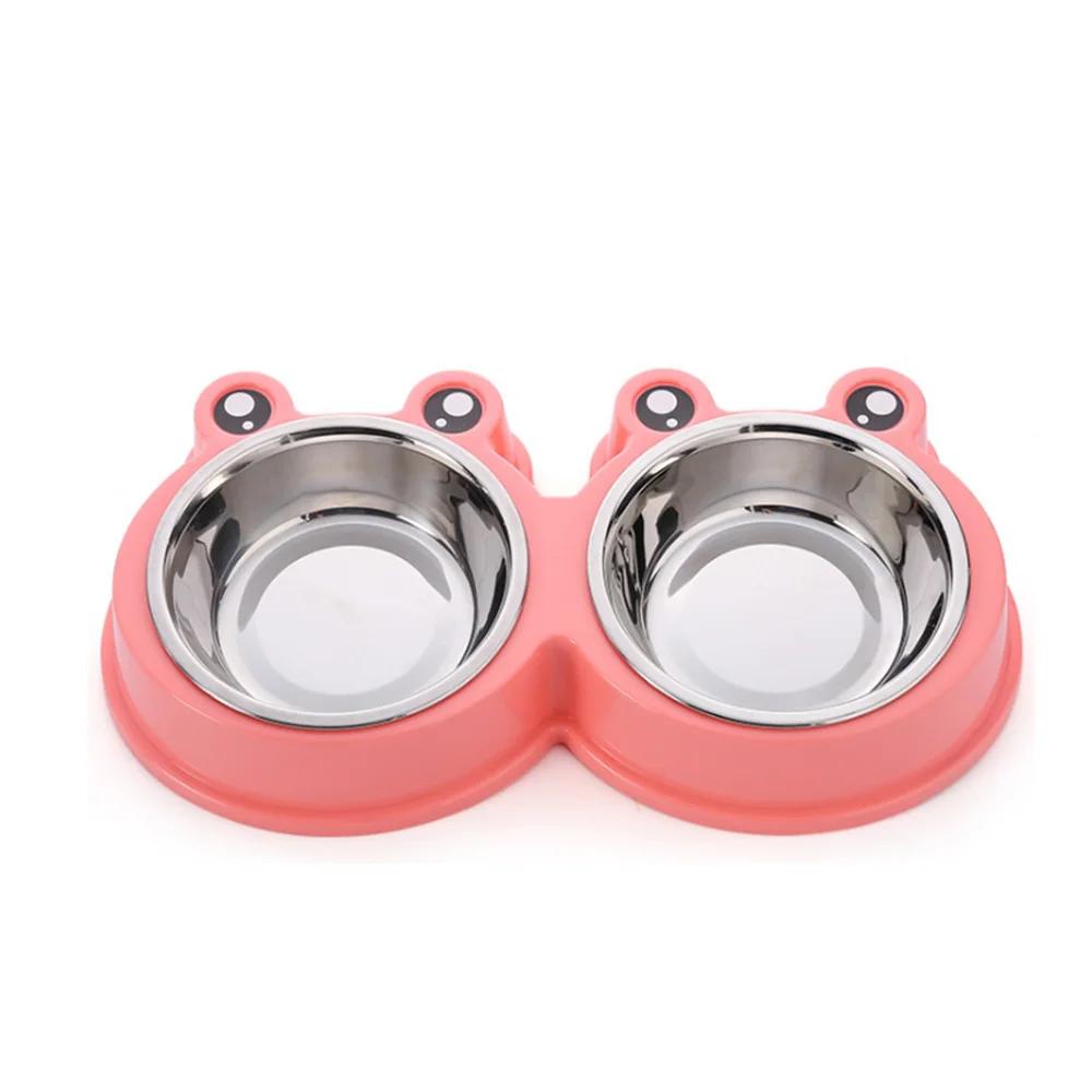 ПЭТ в форме лягушки двойная миска для собак для собаки кошки из нержавеющей стали корм для небольших домашних животных Кормушка Кормление щенка миска для воды - Цвет: Розовый