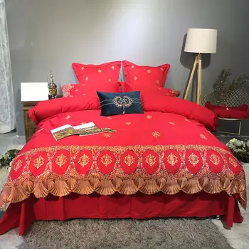 

American Embroidered Luxury Wedding Egyptian cotton Bedding Sets Queen King size 4/6pcs Bed set Bed Sheet Duvet Navy blue