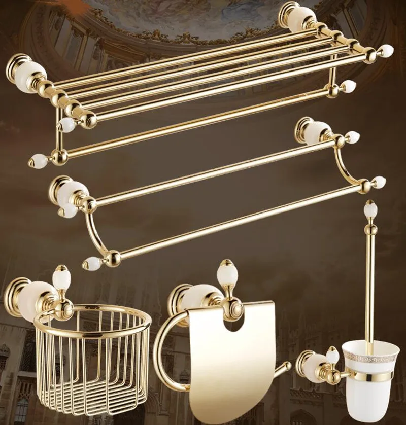 Luxury Solid Br And White Jade Gold Finish Bathroom Accessories Gold Finish Bathroom Accessories