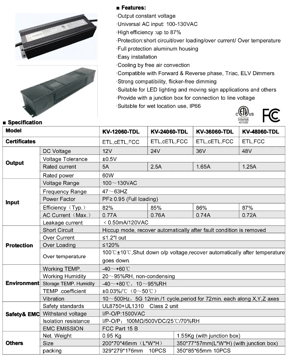 KV-60W-TDL Constant Voltage Phase and Triac dimmable driver-1