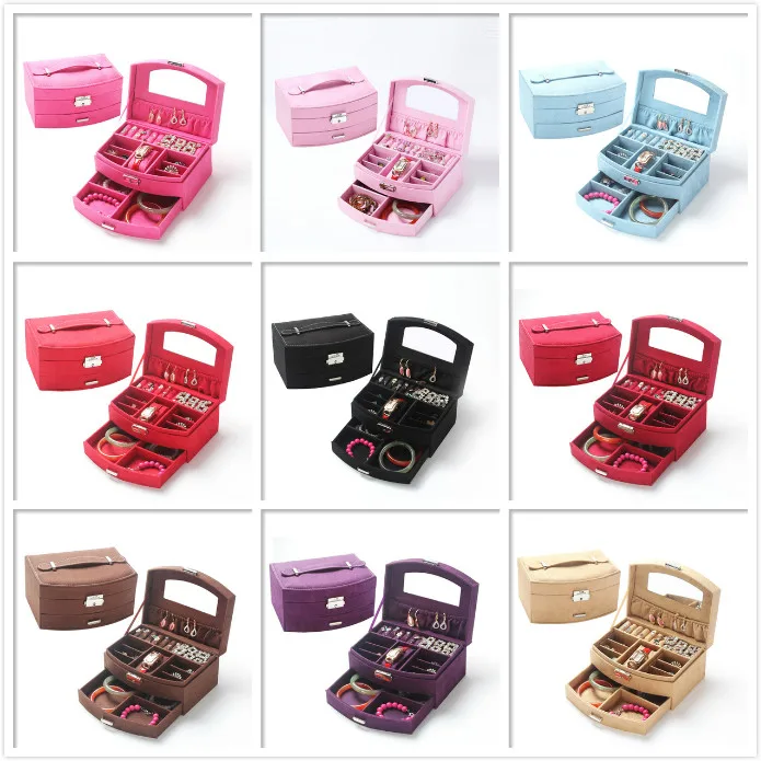 

New jewelry Box solid color boxes Korean princess flannel double locking storage hand Storage Boxes & Bins FG293