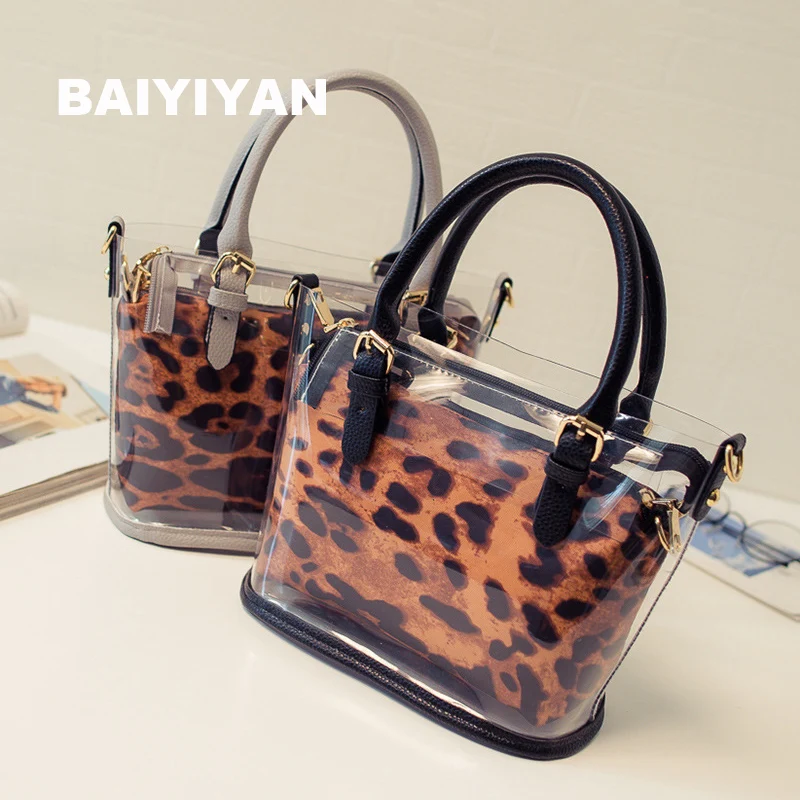 2016 Fashion High Quality PVC Candy Transparent Working Leopard Tote Bag Clear Color Bag Popular Unique