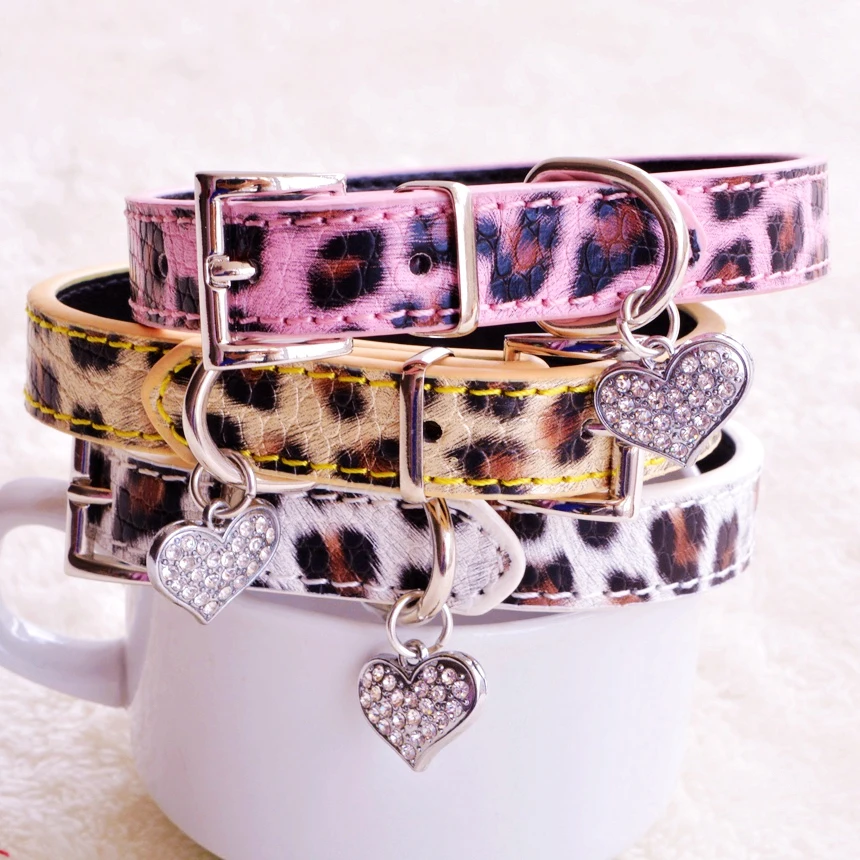 

Leopard Dog Collars For Small Dogs Yellow Pink White Fashion PU Lead With Rhinestone Heart Pet Goods For Puppy Chihuahua Yorkie