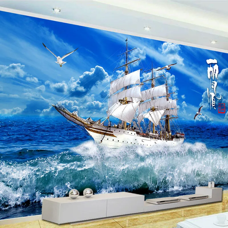 海の波の壁紙 帆船 自然の風景 大きな壁画 家の装飾 リビングルーム Papel De Parede 3d Papel De Paredede Parede Aliexpress