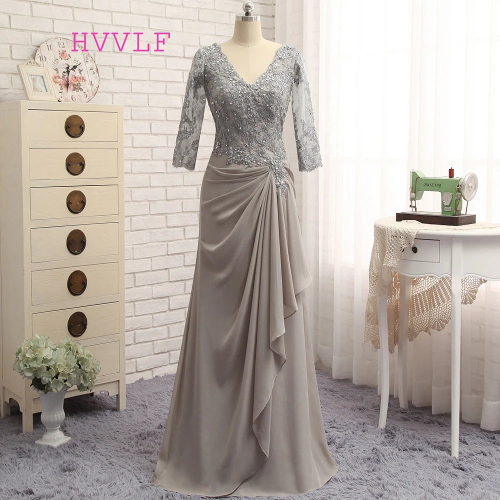 

Plus Size Gray 2019 Mother Of The Bride Dresses A-line 3/4 Sleeves Chiffon Lace Wedding Party Dress Mother Dresses For Wedding
