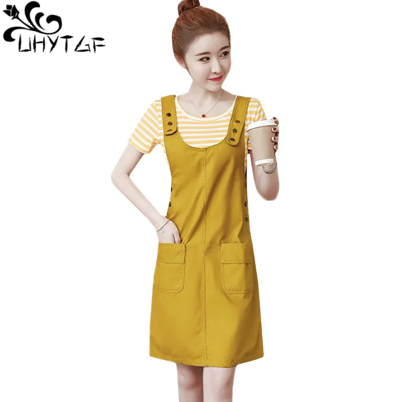 

UHYTGF Cute girl strap dress Short-sleeved striped t-shirt top + strap dress two sets Womens Summer dress Student wear set 114