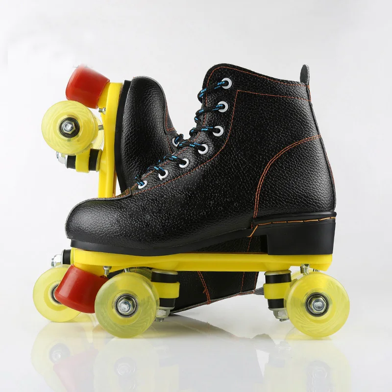 

Unisex Double Line Adult PU Leather Quad Parallel Figure Skates Shoes Boots PU Wheels Shockproof With Brake Breathable Black