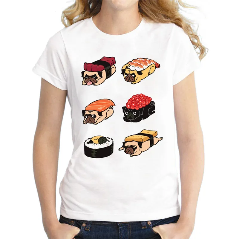 Летняя повседневная одежда футболки Для женщин суши Мопс удобные пищевые Женские топы с принтом короткий рукав Футболка с круглым вырезом