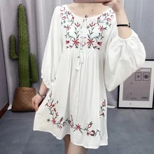 

Fashion Ladies' sweet floral Embroidery white Dress loose V neck half sleeve casual Pessant Hippie Blouse Gypsy Boho Plus Size