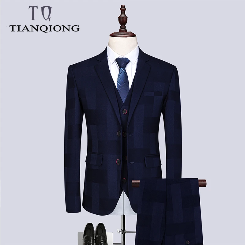 

TIAN QIONG 2019 New Luxury Suit 3 Piece Mens Blue plaid suit Suits with Pants Classic Wedding Business Slim Fit Party Suit Men