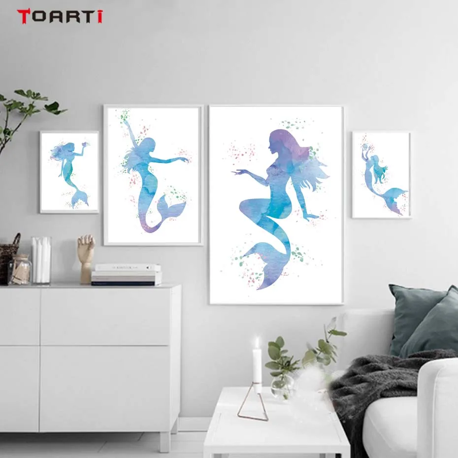 Watercolor Mermaid Cartoon Wall Art Print Home Decor Nordic Poster Canvas Painting For Girl Nursery Bedroom Modular Wall Picture (1)