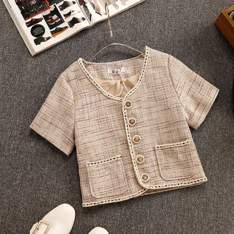 

Harajuku Single-Breasted Petal Button Weave Tweed Short Jacket Women Summer Short Sleeve Elegant Pocket Outerwear Jackets Top