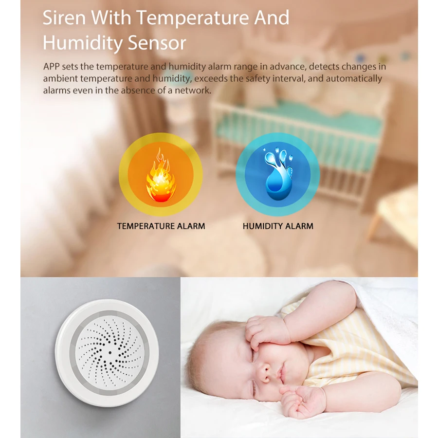 Smart Home Security Wireless WiFi Siren Alarm Sensor USB Power For smart life with temperature and humidity sensor detector