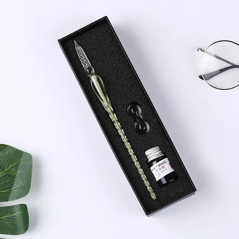 Vintage Crystal Glass Dip Pen Set Non-carbon Gold Ink Fountain Signature Calligraphy Pen Writing Tools Stationery Gift