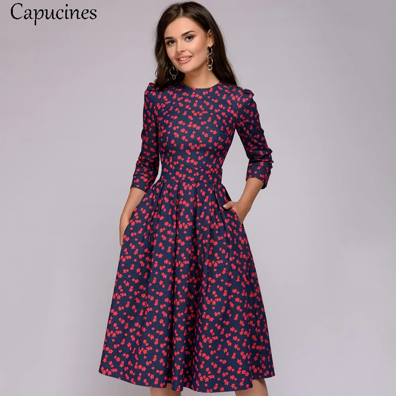 

Capucines Elegent 3/4 Sleeve Florl Print Dress Women Spring Summer Casual O-Neck A Line Dresses Workwear Vestidos