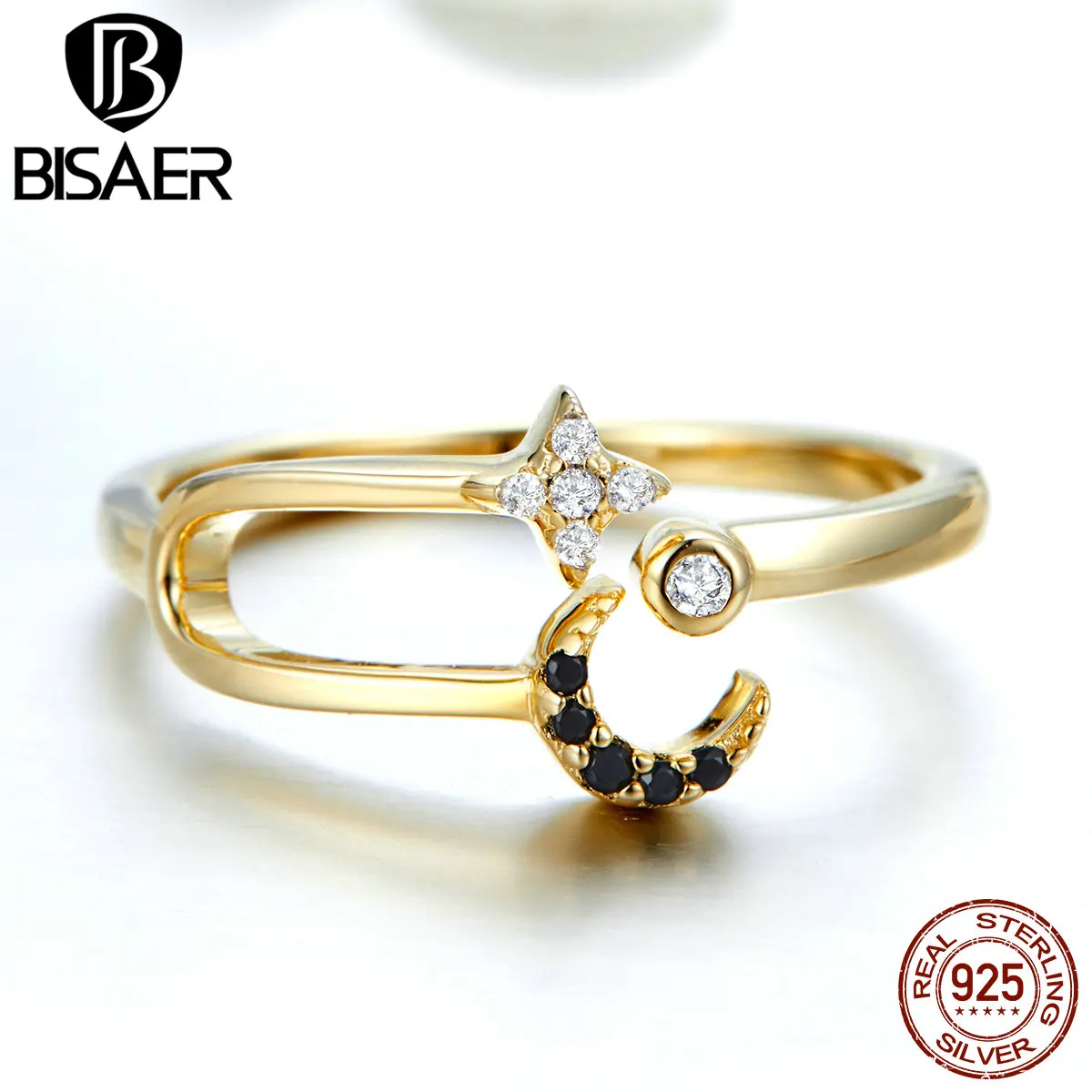 

BISAER Rings 925 Sterling Silver Gold Color Moon & Star Open Finger Ring for Women Adjustable Rings Fashion Bijoux HVR020