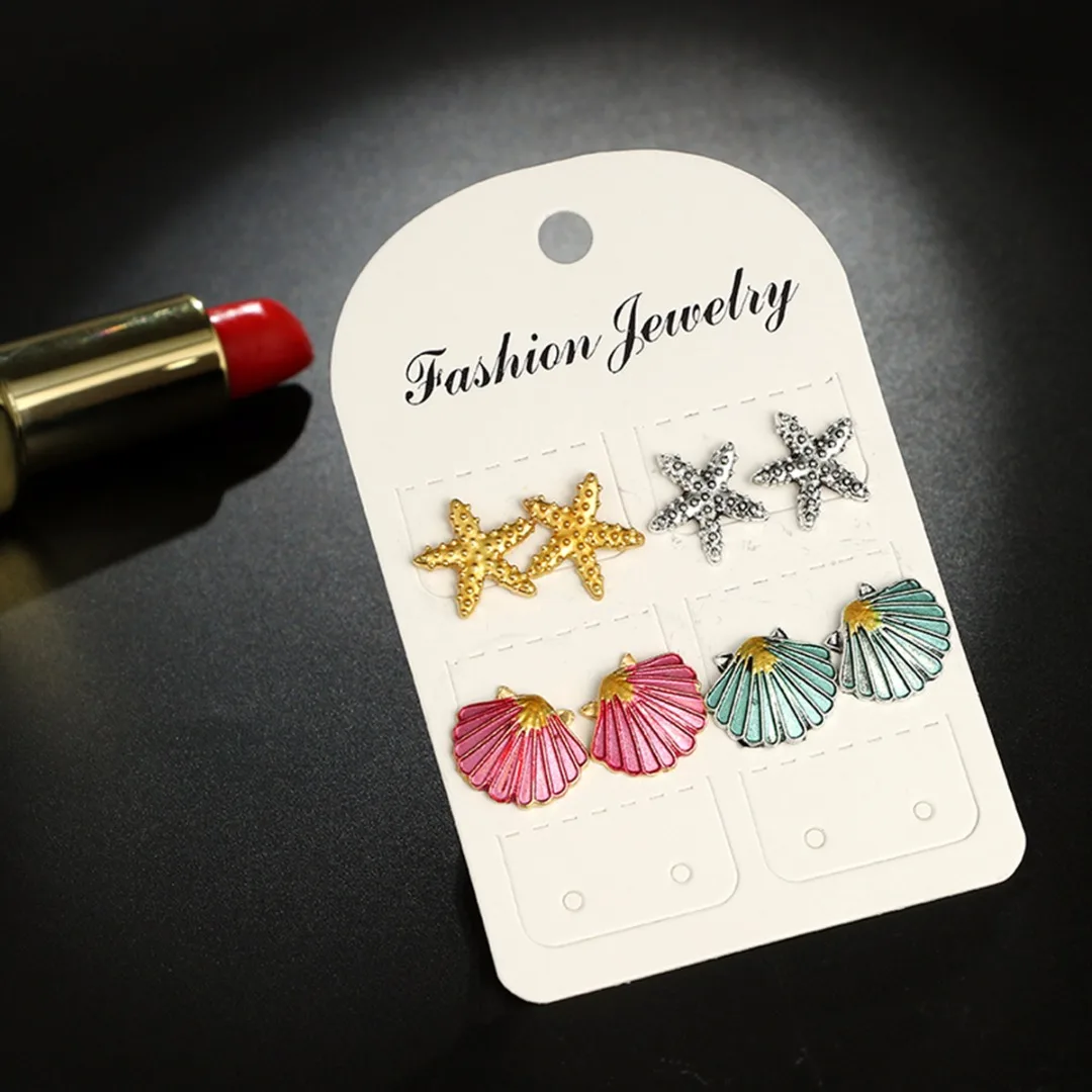 Vintage Starfish Shell Earring Set Shellhard Colorful Metal Sea Star Shell Stud Earrings Women Summer Beach Boho Ear Jewelry