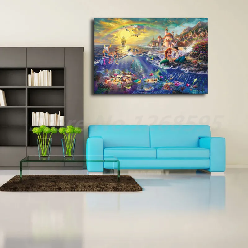 Thomas Kinkade The Little Mermaid And Tramp HD Painting Wall Art Print On Canvas Living Room Decorative Picture Christmas Gifts