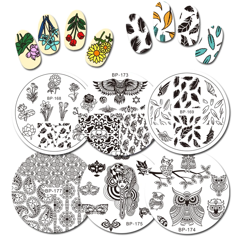 

BORN PRETTY Round Nail Stamping Plate Flower Lace Owl Paisley Feather Design Manicure Nail Art Image Plate 11 Patterns