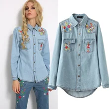 2016 NEW women denim jacket casual denim shirt tops long sleeves blue vintage boho hippie chic