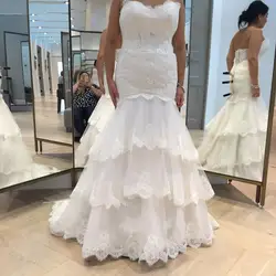 Robe De Mariage Милая кружево Многоуровневая аппликация Кнопка Назад Русалка Свадебные платья Плюс размеры vestido noiva