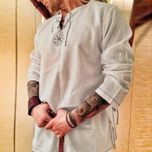 Spring Autumn Men's Tops Loose Medieval Hot Vintage Shirt Casual Long Sleeve Solid Lace Up Shirt Male