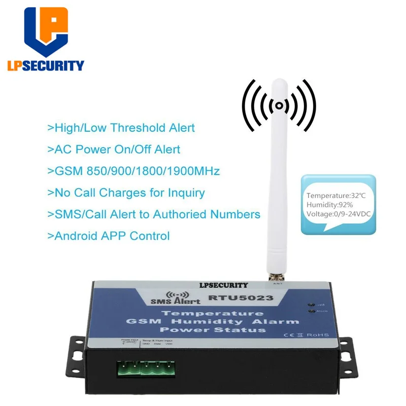LPSECURITY GSM 3G Temperature Humidity SensorPower Lost SMS Alert Remote Monitoring DC Power Timer Report APP Control RTU5023