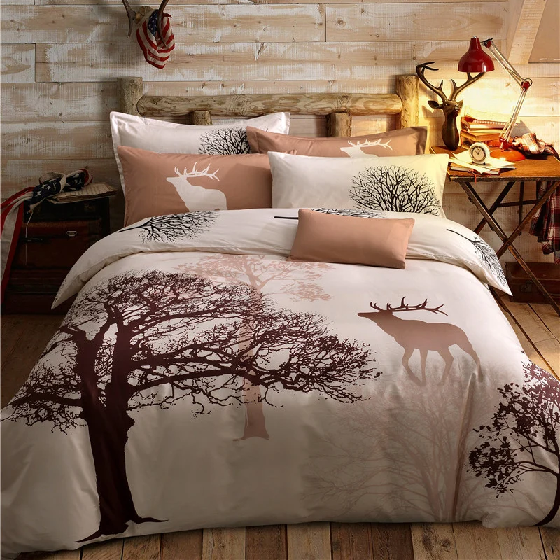 

New Tree & deer 100% Cotton Sanding Printed Flower Bedding Set Luxury Royal Bed Sheet set Duvet Cover Pillowcase Queen King 4pcs