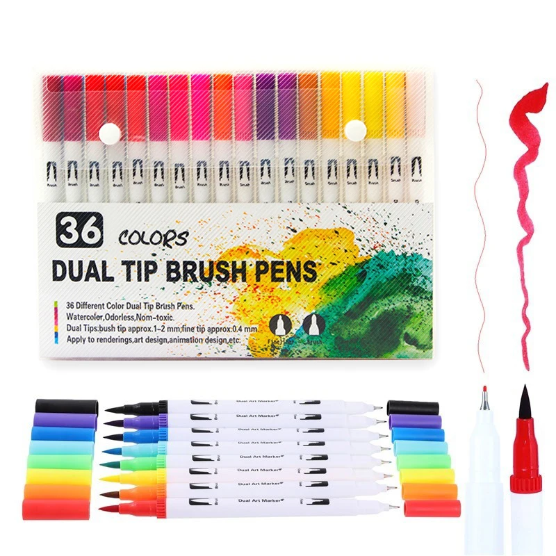 

36 PCS Color Dual Tip Brush Pen Markers Pens Set Fineliner Brush Tip Pens Set Coloring Drawing Manga Stationery Art Supplies