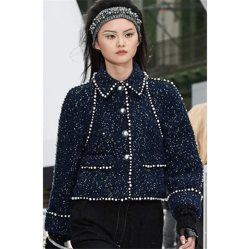 

Autumn and Winter Star's Famous Little Fragrance Nail Pearl Wool Small Suit Coarse tweed Pearl Long Sleeve Short Coat