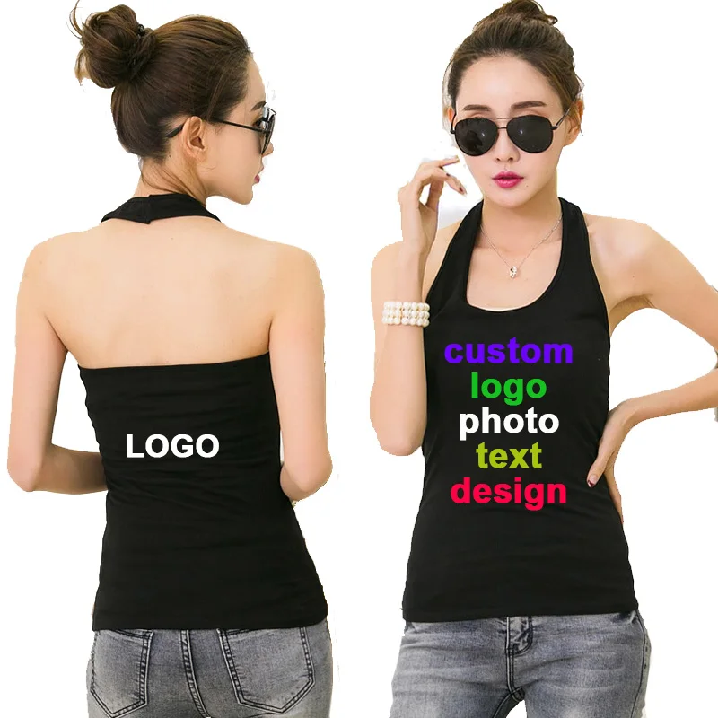 

Slim elegant sexy night Club cotton halter Women backless tank top Custom logo photo text printed female lady tees shirts caims