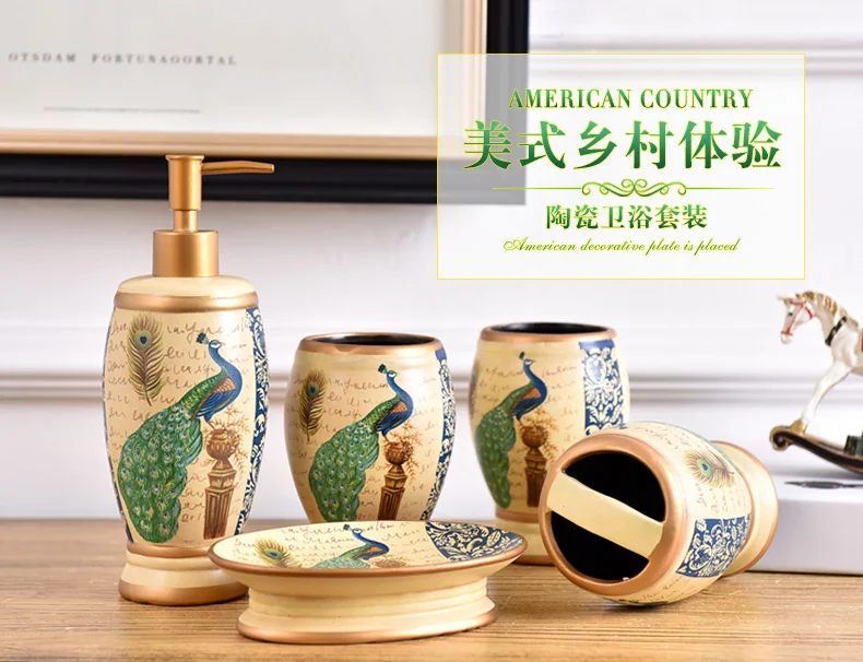 Fresh Elegant Soap Dish Lotion Dispenser Shampoo Bottle Box 5pcs Bathroom Accessories Peafowl Aristocracy Bath Sets Lotion Dispenser Ceramic Cup Toothbrush Holder