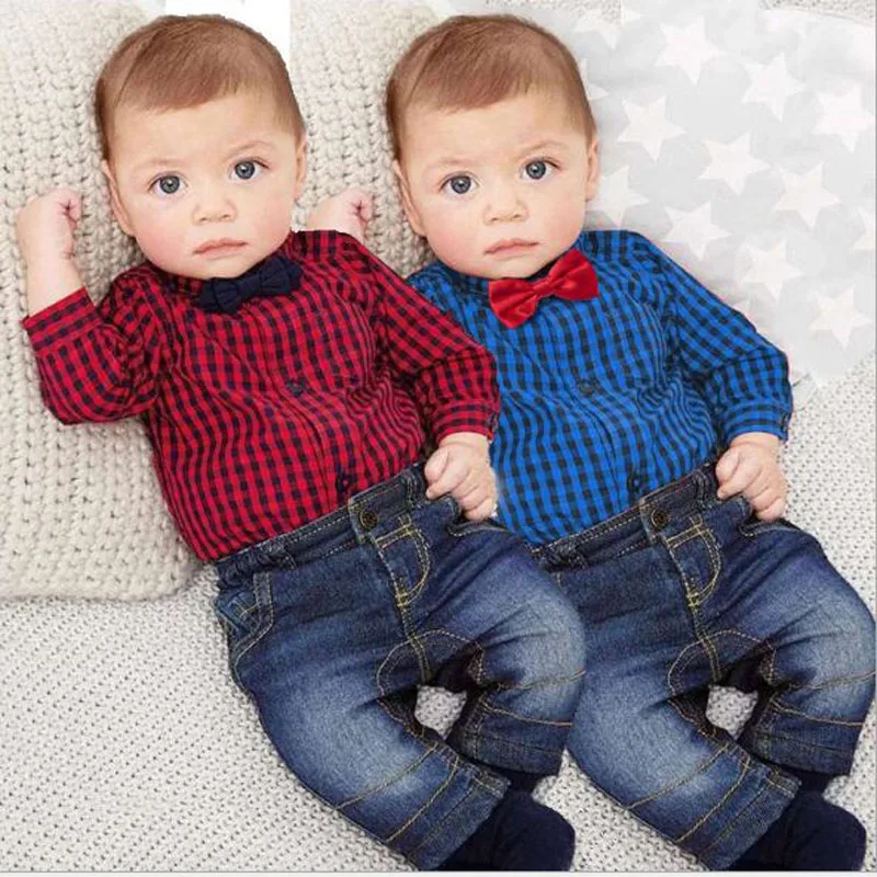 2018 spring autumn baby boy clothes baby boy plaid rompers+jeans clothing set children gentleman suit