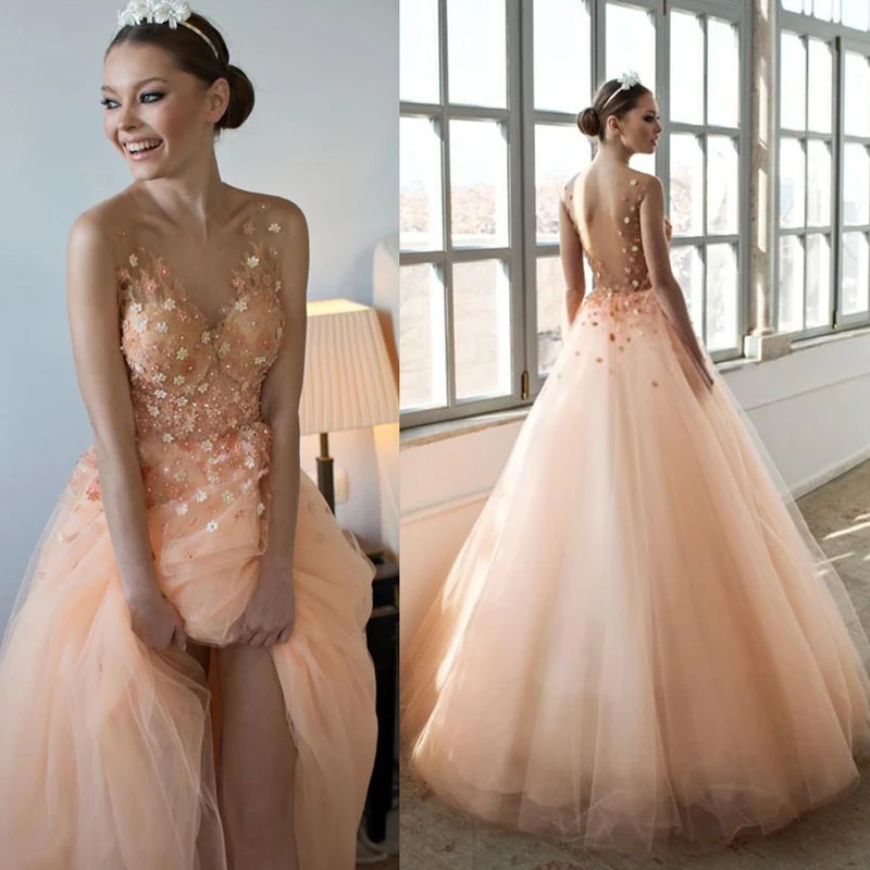 

Lakeydra Beads Prom Dress Tulle Deep V-Neck Sleeveless with Appliques Backless Long Formal Wear Vestido A-Line Party Gowns