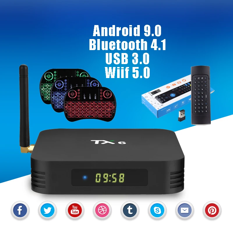

TX6 Android 9.0 Bluetooth 4.1 TV Box 4G DDR3 32G 64G USB 3.0 2.4G 5G Wifi Set-top TV Box H.265 4K HD SPDIF IPTV Media Player