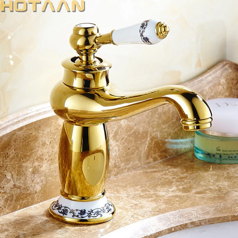 Günstig Luxus Becken Wasserhahn Moderne Wasserhahn Bad Wasserhahn Gold Finish Hot   Cold Messing Becken Waschbecken Wasserhahn Einzigen Griff mit Keramik wasserhähne