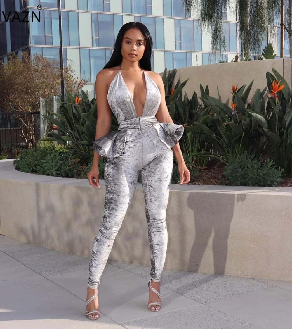 

VAZN Autumn 2018 High Quality Sexy Women Backless Skinny Long Jumpsuits Solid Sleeveless Halter Lady Ruffles Jumpsuits LO6142